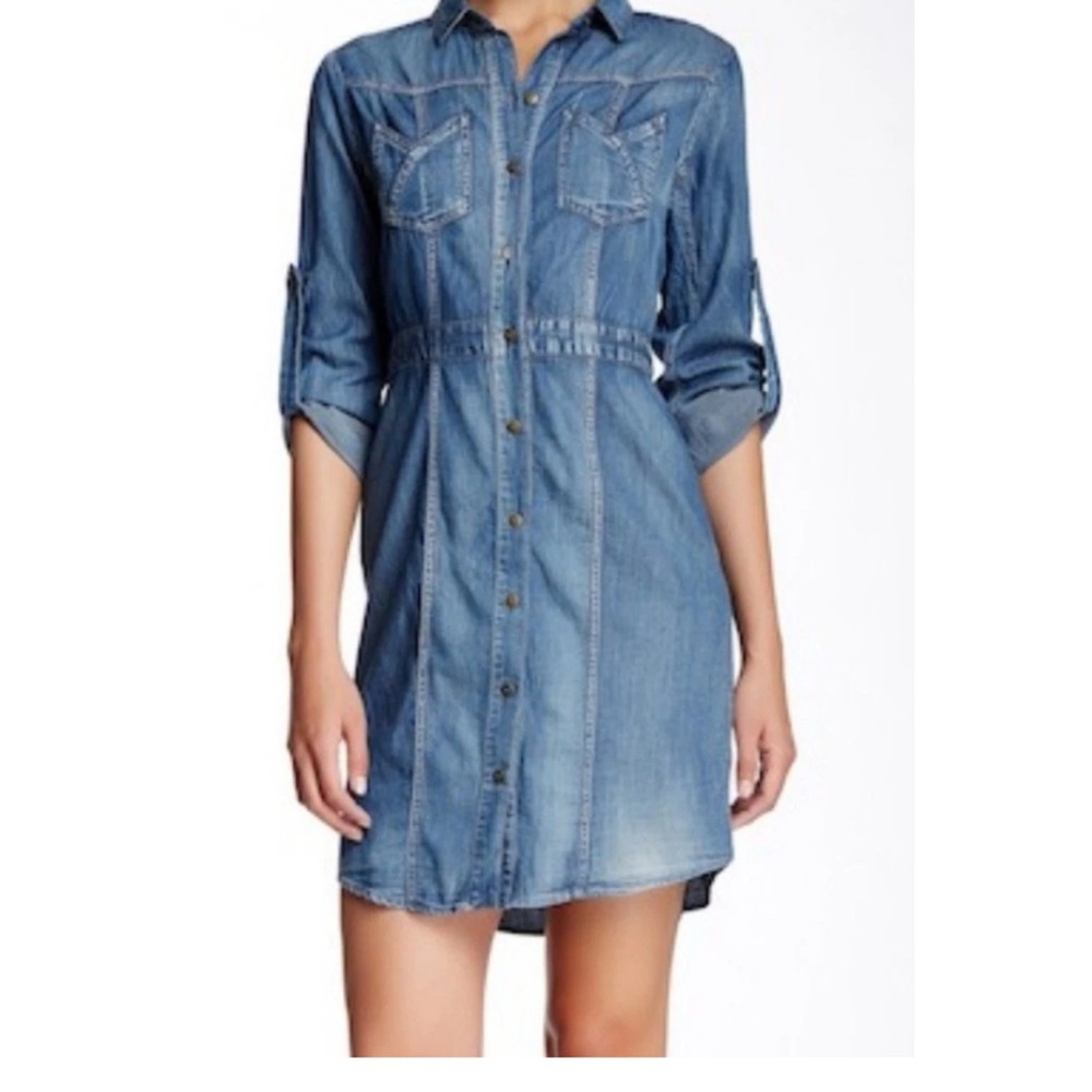 Beige by ECI Denim Shirt Dress Size 10 Blue Button Front Roll Tab Sleeve Y2K
